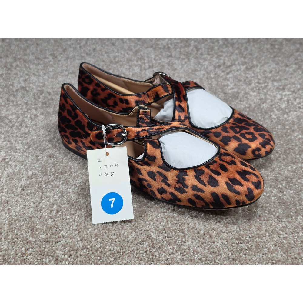 A New Day Tamsin Leopard Print Mary Jane Flats Brown Animal Double Strap Shoes 7